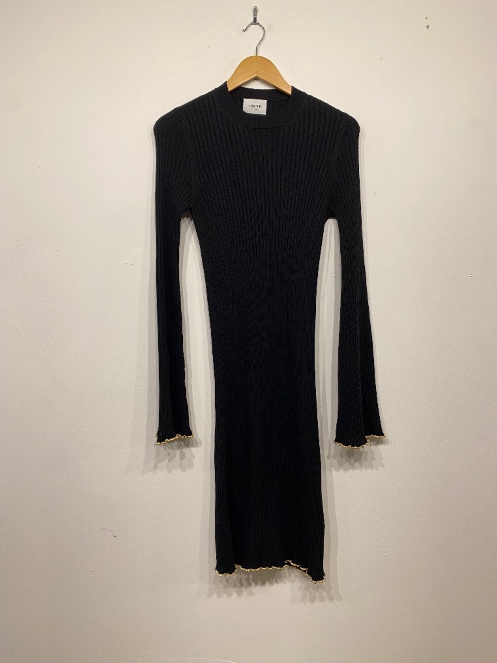Dondup Black Ribbed Knit Bell Sleeve Mini‎ Dress Gold Whimsygoth Trim High Neck